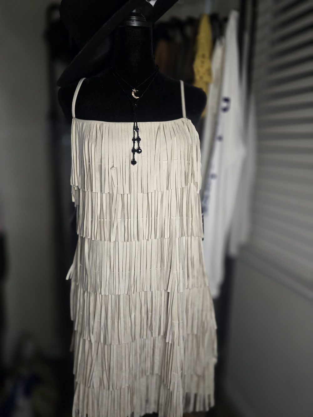 Trixxi Cream Fringe Tiered Spaghetti-Strap Midi Dress